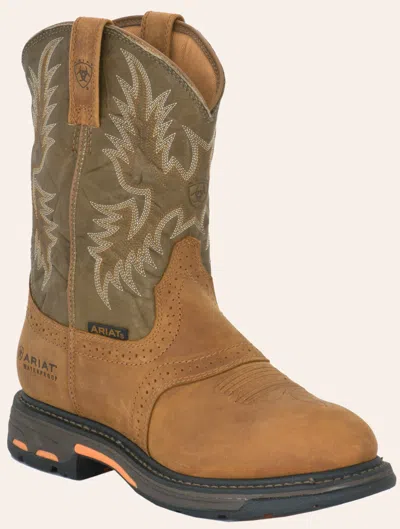 Ariat Men's Workhog Aged Bark & Olive Waterproof Round Toe Work Boots In Brown