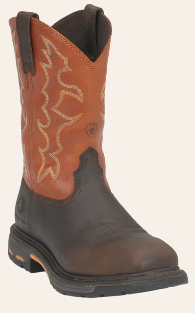 Ariat Men's Workhog Earth Brown And Brick Orange Square Steel Toe Work Boot