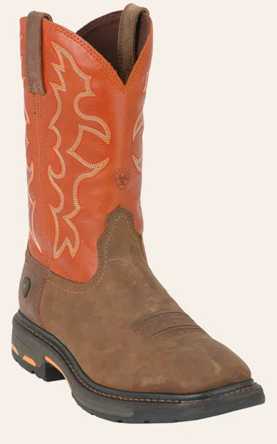 Ariat Men's Workhog Earth Brown And Brick Orange Wide Square Toe Work Boots
