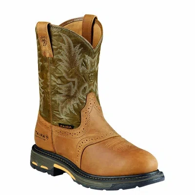 Pre-owned Ariat ® Men's Workhog Pull-on H2o Aged Bark/army Green Boot 10008633