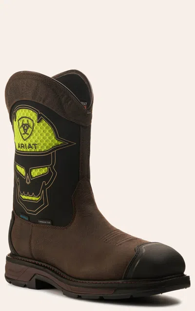 Ariat Men's Workhog Xt Coffee Brown And Black With Green Skull Venttek Waterproof Bold Carbon Toe Work Boo