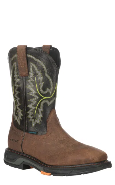 Ariat Men's Workhog Xt Tumbled Bard Brown And Dark Forest Waterproof Wide Square Carbon Toe Work Boot In Multi