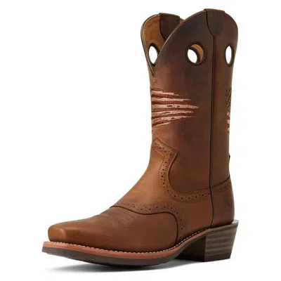 Pre-owned Ariat Mens Roughstock Patriot Square Toe Western Boots Brown W/flag 10040348