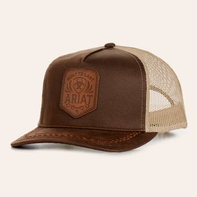 Ariat Oilskin Leather Logo Patch Curved Bill Trucker Cap In Brown