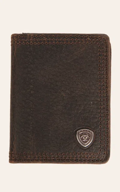 Ariat Performance Work Dark Brown With Small Shield Leather Tri-fold Flipcase Wallet