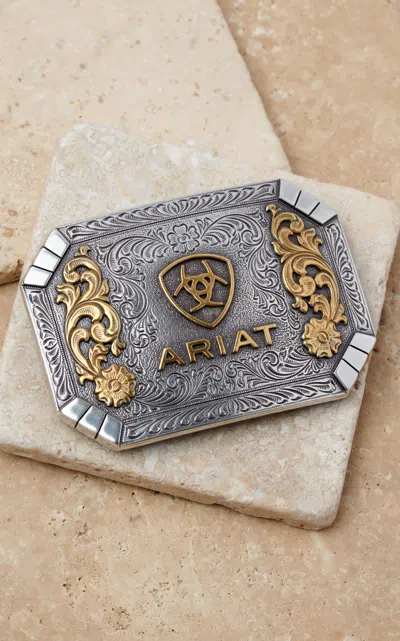 Ariat Silver With Gold Accent Scrolling Floral Logo Shield Rectangle Belt Buckle