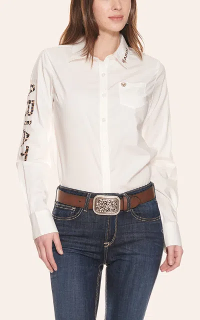 Ariat Team Women's Kirby White With Leopard Print Embroidered Logo Long Sleeve Western Shirt
