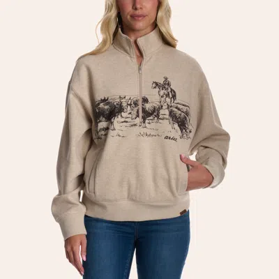 Ariat Women's Brown Heather Cowboy Graphic Half Zip Sweatshirt In Dark Brown
