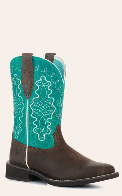 Ariat Women's Callie Hickory & Turquoise Wide Square Toe Cowboy Boots In Multi