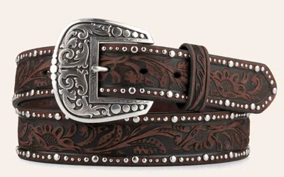 Ariat Women's Dark Brown With Floral Tooling And Studs Trim Belt