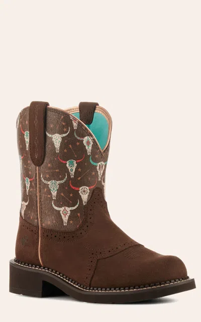 Ariat Women's Fatbaby Heritage Farrah Brown And Boho Skull Print Round Toe Cowboy Boots
