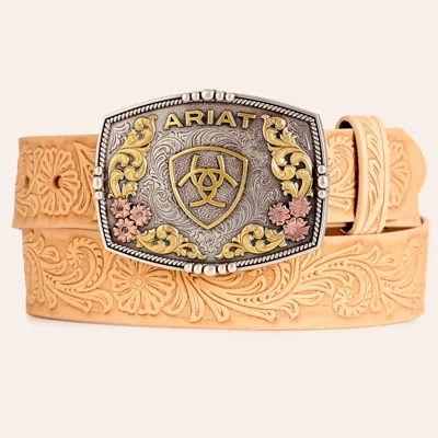 Ariat Women's Natural Leather Floral Embossed 3-tone Buckle Belt In Brown