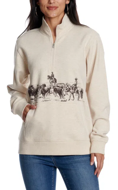 Ariat Women's Oatmeal 1/2 Zip Western Cowboy Graphic Sweatshirt In Neutral