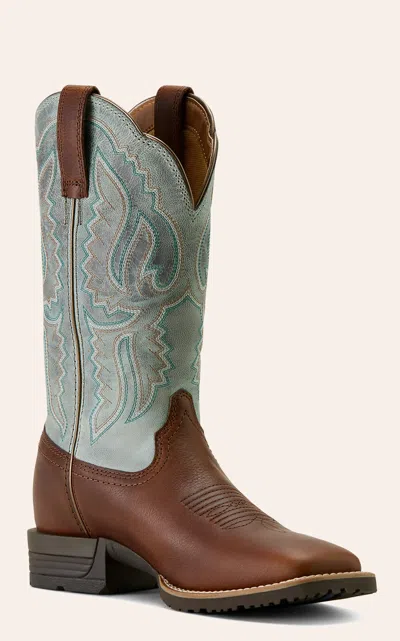 Ariat Women's Peanut & Worn Denim Hybrid Ranchwork Shock Shield Wide Square Toe Cowboy Boots In Animal Print