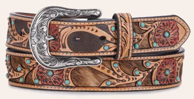Ariat Women's Red Flower With Cowhide Inlay And Turquoise Embellishments Tooled Belt In Brown