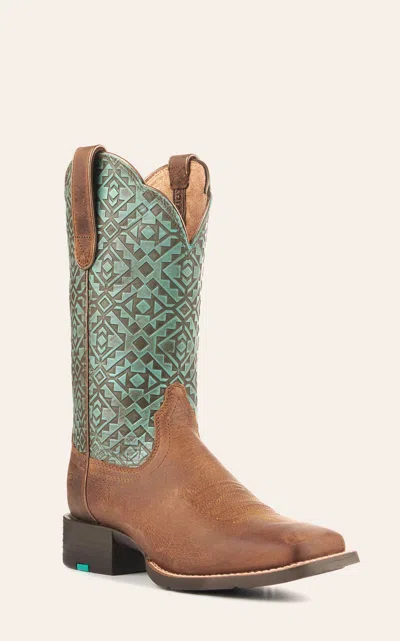 Ariat Women's Round Up Brown And Turquoise Blanket Embossed Wide Square Toe Cowboy Boots