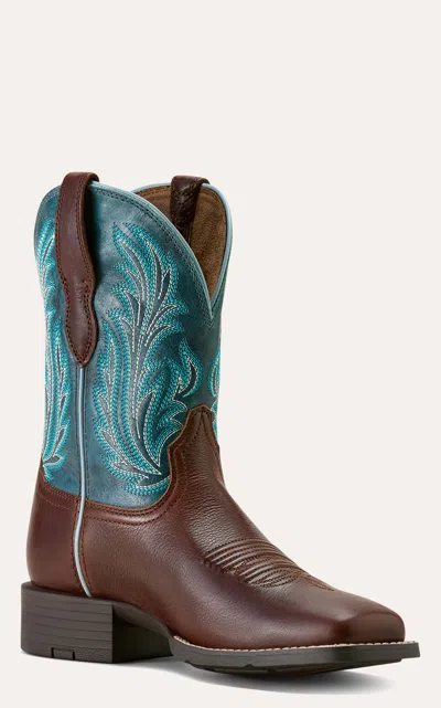 Ariat Women's Round Up Filly Oiled Teak & Loyal Blue Wide Square Toe Cowboy Boots In Brown