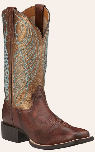 Ariat Women's Round Up Yukon Brown And Bronze Double Welt Square Toe Cowboy Boots