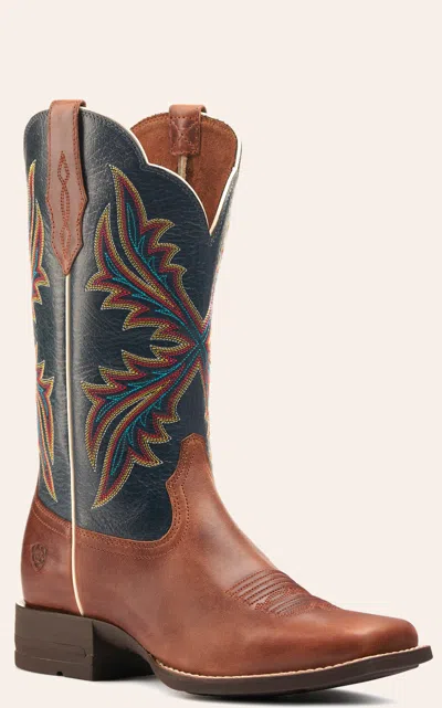 Ariat Women's West Bound Russet Rebel And Crackle Navy Shock Shield Wide Square Toe Cowboy Boots In Brown