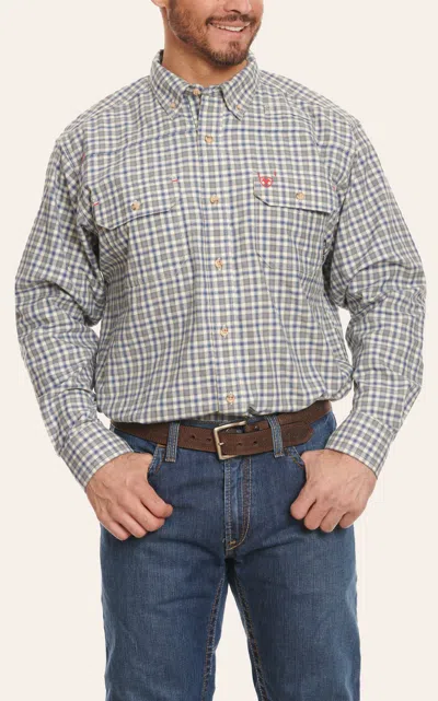 Ariat Work Fr Men's Featherlight Olive And Blue Plaid Long Sleeve Work Shirt In Gray