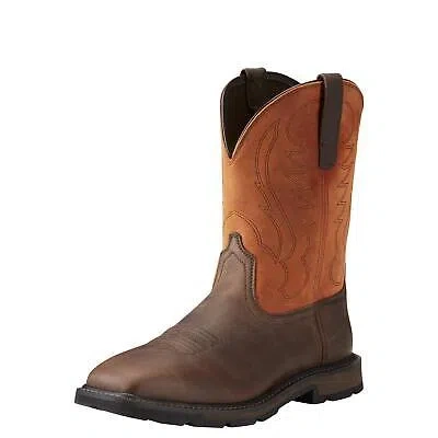 Pre-owned Ariat Work Men's 10" Groundbreaker Wide Square Toe Steel Toe Work Boot Brown Emb