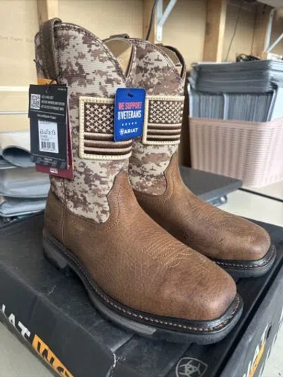 Pre-owned Ariat Work Mens 8.5 Ee Wide Workhog Patriot Steel Toe - 10022968 In Brown