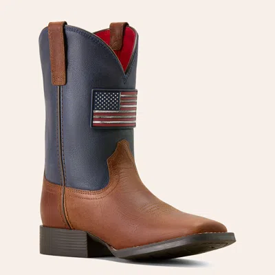 Ariat Youth Boys' Freedom Rider Hickory Smoke & Nightfall Navy Wide Square Toe Cowboy Boots In Brown