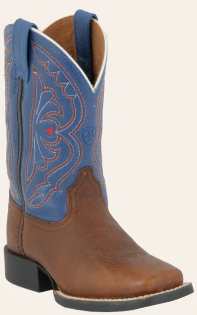 Ariat Youth Quickdraw Brown Oiled Rowdy And Royal Blue Wide Square Toe Western Boot