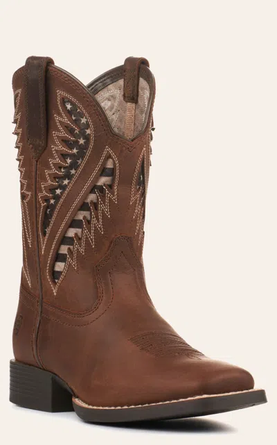 Ariat Youth Quickdraw Distressed Brown With Flag Venttek Wide Square Toe Cowboy Boots
