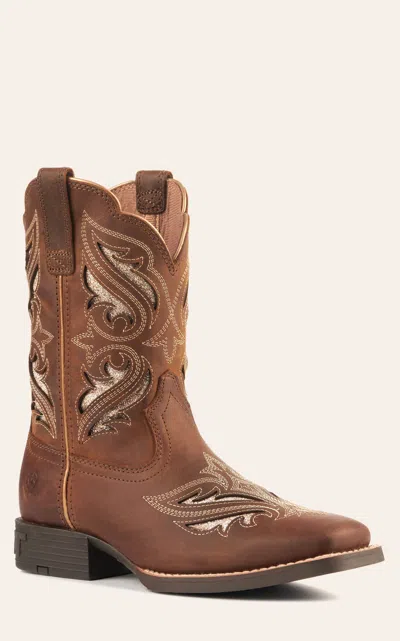 Ariat Youth Round Up Bliss Sassy Brown With Glitter Inlay Wide Square Toe Cowboy Boots