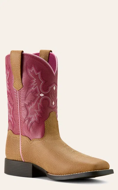 Ariat Youth Tombstone Cottage Tan & Rosebud Wide Square Toe Cowboy Boots In Brown