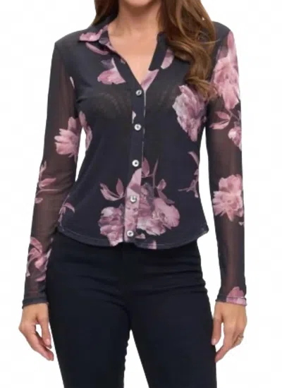 Ariella Floral Collared Mesh Top In Pink In Multi