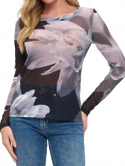 Ariella Floral Mesh Long Sleeve Top In Grey In Gray