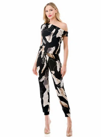 Ariella Off Shoulder Jumpsuit In Black/tan/ivory In Multi