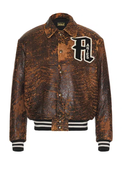 Aries Distressed Leather Letterman Jacket In Brown
