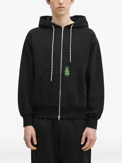 Aries Embroidered Zip-up Hoodie In Black