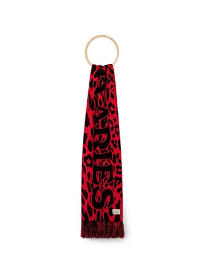 Aries Fringed Animal Print Scarf In Red
