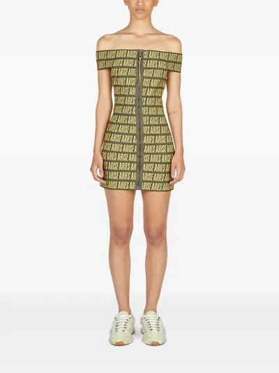 Aries Logo-print Off-shoulder Mini Dress In Green