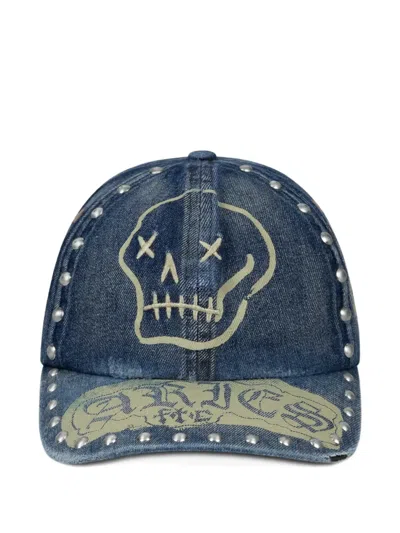 Aries Skull-print Studded Denim Cap In Blue