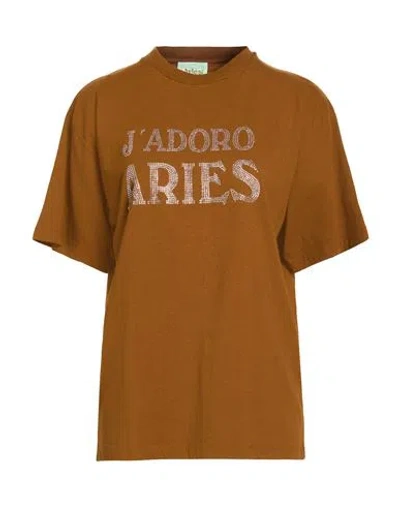 Aries Woman T-shirt Tan Size L Cotton In Brown