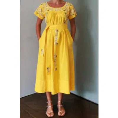 Arifah Studio Mexican Embroidered Kaftan Dress In Lemon Yellow By