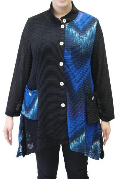 Aris A. Mandarin Loose Weave Knit Jacket - Plus In Blue & Black