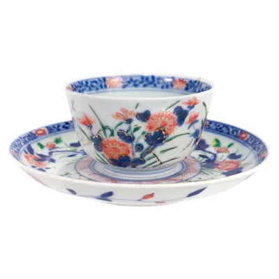 Pre-owned Arita Antique Japanese  Porcelain Handleless Cup & Saucer With Cherry Blossoms In Gray