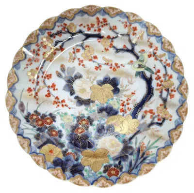 Pre-owned Arita Fukagawa Seiji  Plate With Blossoms And Birds, Meiji-taish?, 24 Cm In Gray