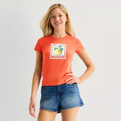 Arizona Baby Womens Juniors Crew Neck Short Sleeve T-shirt In Orange