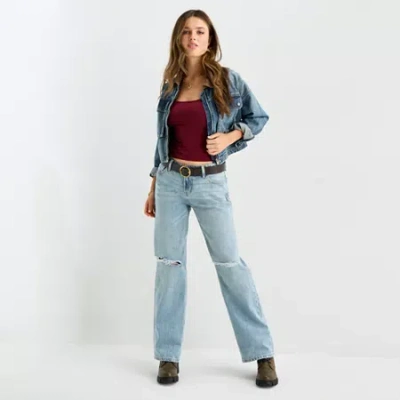 Arizona Bow Back Pocket Womens Juniors Low Rise Ripped Straight Leg Jean In Blue