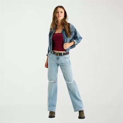 Arizona Bow Back Pocket Womens Juniors Short Low Rise Straight Leg Jean In Blue