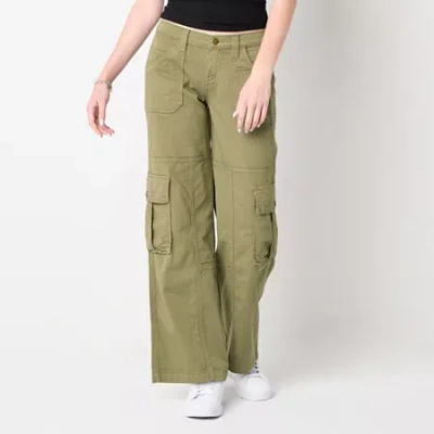 Arizona Cargo Womens Juniors Wide Leg Low Rise Flat Front Pant In Green