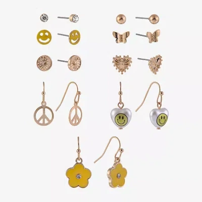 Arizona Gold Tone Daisy Womens Butterfly Flower Heart 9 Pair Earring Set