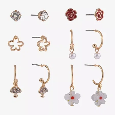 Arizona Gold Tone Rose Mushroom Womens Glass Flower 6 Pair Earring Set